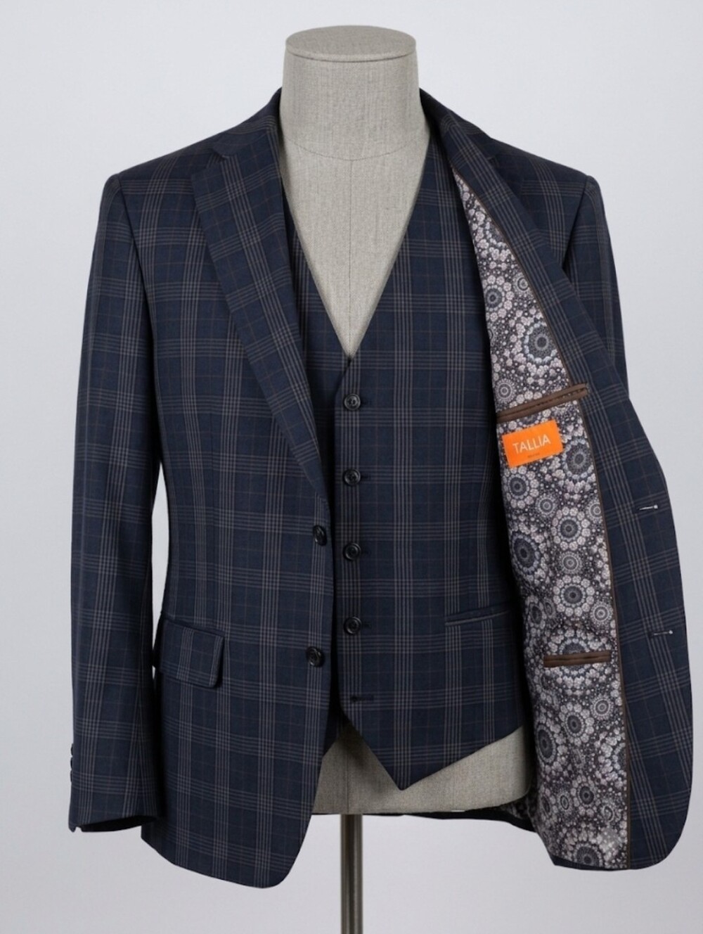 Tallia Men's 2-Pc Suit 42R Navy Gray Burgundy Plaid Wool Blend Blazer & Vest